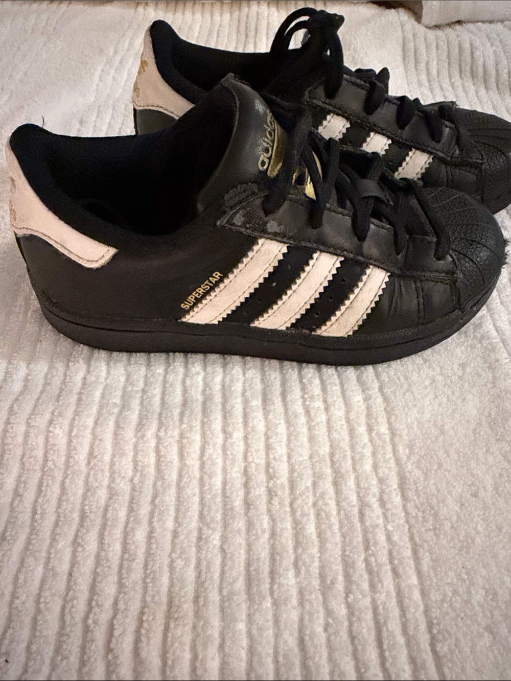adidas Kids Superstar Sneakers - Black with White Stripes and Pink Heel